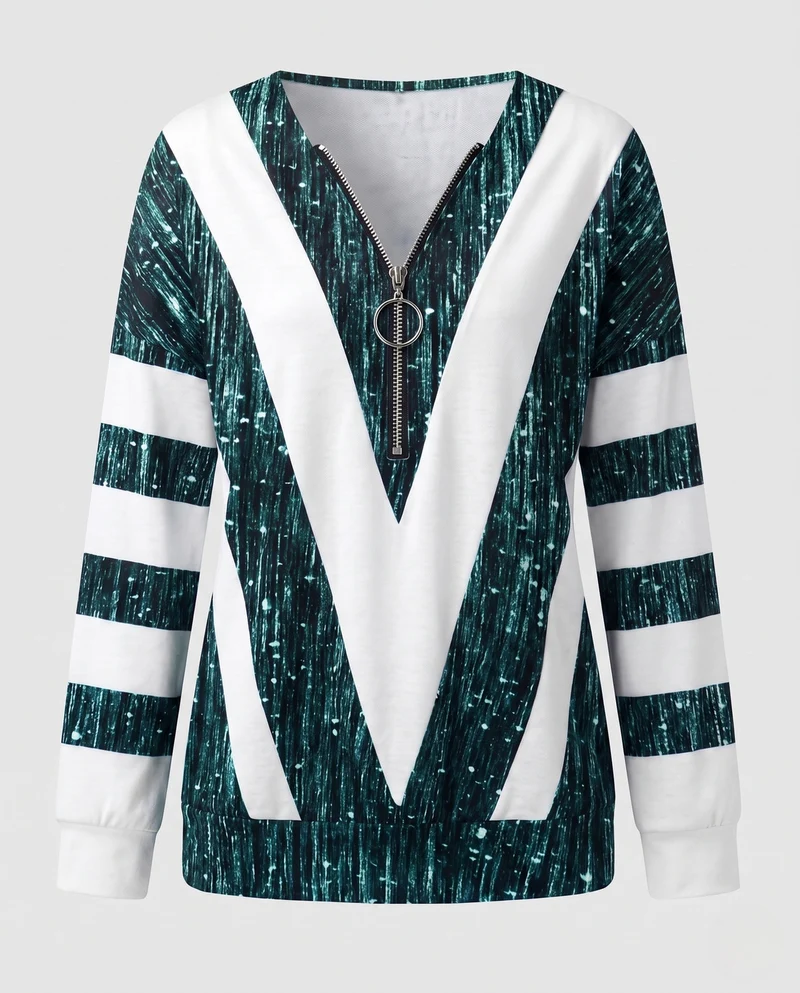 Damen V-Ausschnitt Zip-Pullover mit Ring-Reißverschluss und Blockstreifen-Design Nord Taschen