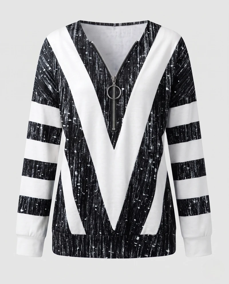 Damen V-Ausschnitt Zip-Pullover mit Ring-Reißverschluss und Blockstreifen-Design Nord Taschen