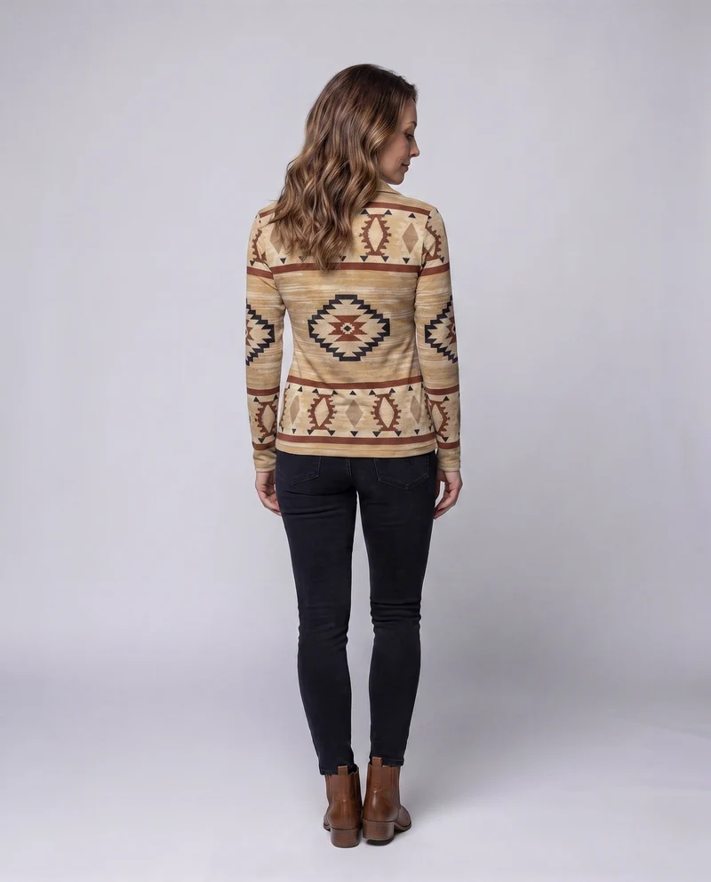 Damen Sweatshirt mit Tribal-Print, halbem Reißverschluss, Kragen und lässigem Oversized-Schnitt Nord Taschen