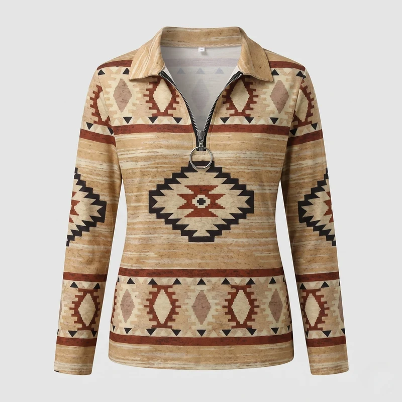 Damen Sweatshirt mit Tribal-Print, halbem Reißverschluss, Kragen und lässigem Oversized-Schnitt Nord Taschen
