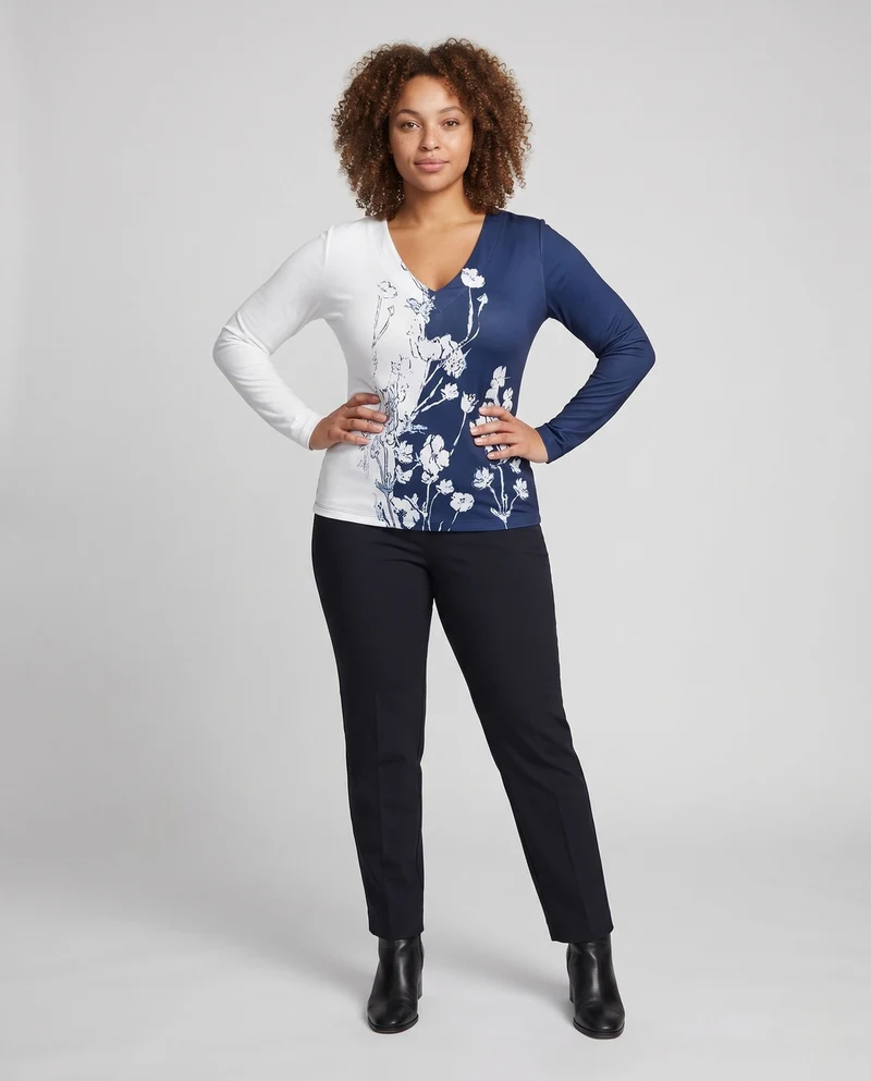 Frauen V-Ausschnitt Langarmshirt mit asymmetrischem Zweifarbblock und Floralprint Nord Taschen