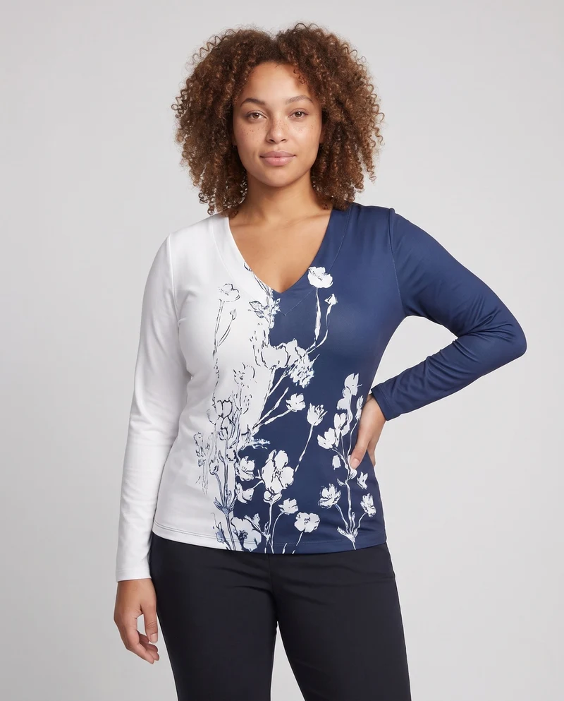 Frauen V-Ausschnitt Langarmshirt mit asymmetrischem Zweifarbblock und Floralprint Nord Taschen