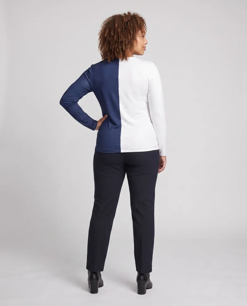 Frauen V-Ausschnitt Langarmshirt mit asymmetrischem Zweifarbblock und Floralprint Nord Taschen
