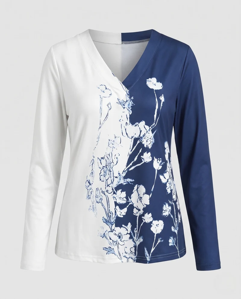Frauen V-Ausschnitt Langarmshirt mit asymmetrischem Zweifarbblock und Floralprint Nord Taschen