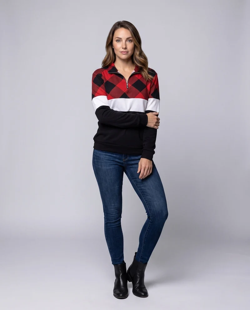 Damen Sweatshirt mit Halbzipper, Karostepp und Kontraststreifen Nord Taschen