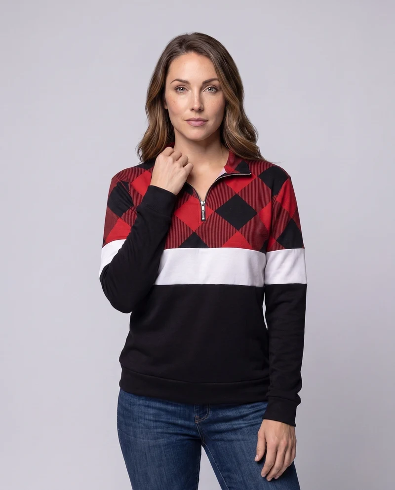 Damen Sweatshirt mit Halbzipper, Karostepp und Kontraststreifen Nord Taschen