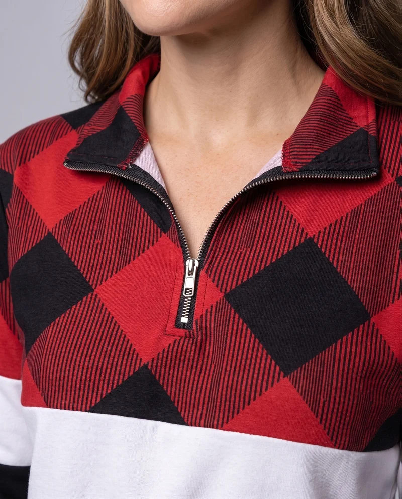 Damen Sweatshirt mit Halbzipper, Karostepp und Kontraststreifen Nord Taschen