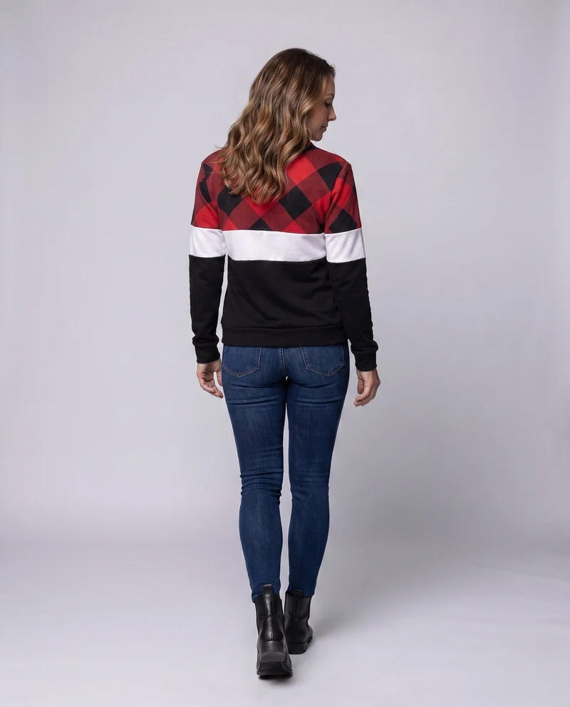 Damen Sweatshirt mit Halbzipper, Karostepp und Kontraststreifen Nord Taschen