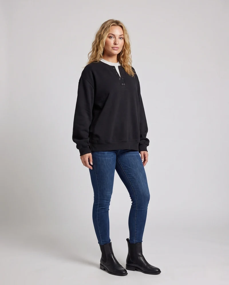 Unisex Oversize-Henley-Layer-Sweatshirt mit Knopfleiste und kontrastierendem Unterkragen