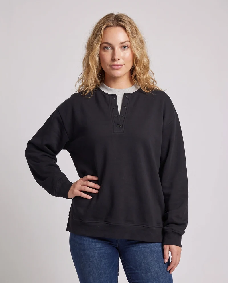Unisex Oversize-Henley-Layer-Sweatshirt mit Knopfleiste und kontrastierendem Unterkragen