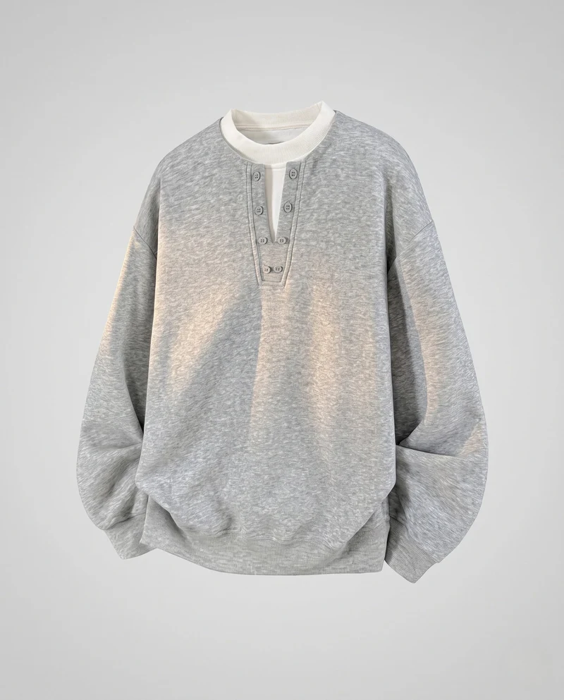 Unisex Oversize-Henley-Layer-Sweatshirt mit Knopfleiste und kontrastierendem Unterkragen