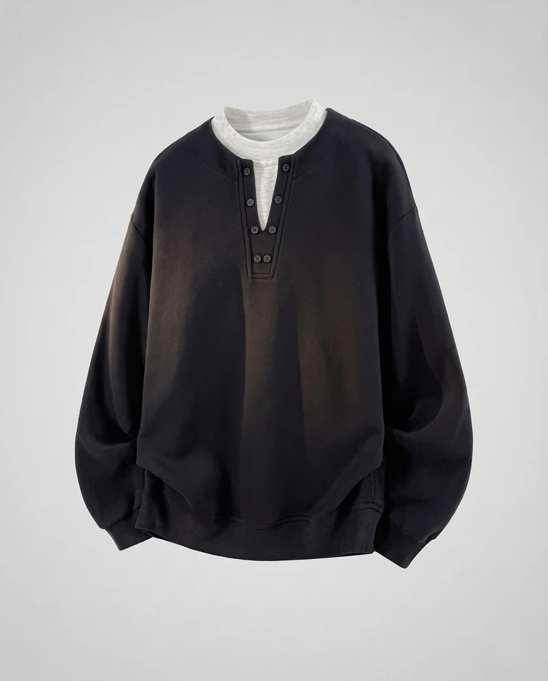 Unisex Oversize-Henley-Layer-Sweatshirt mit Knopfleiste und kontrastierendem Unterkragen