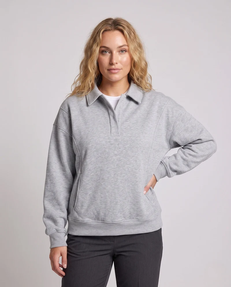 [Unisex] Oversize-Polo-Sweatshirt mit Hemdkragen und verdecktem Halbreißverschluss