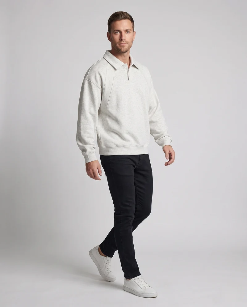 Unisex Oversize-Poloshirt-Sweatshirt mit Kentkragen, Raglanärmeln & geripptem Saum