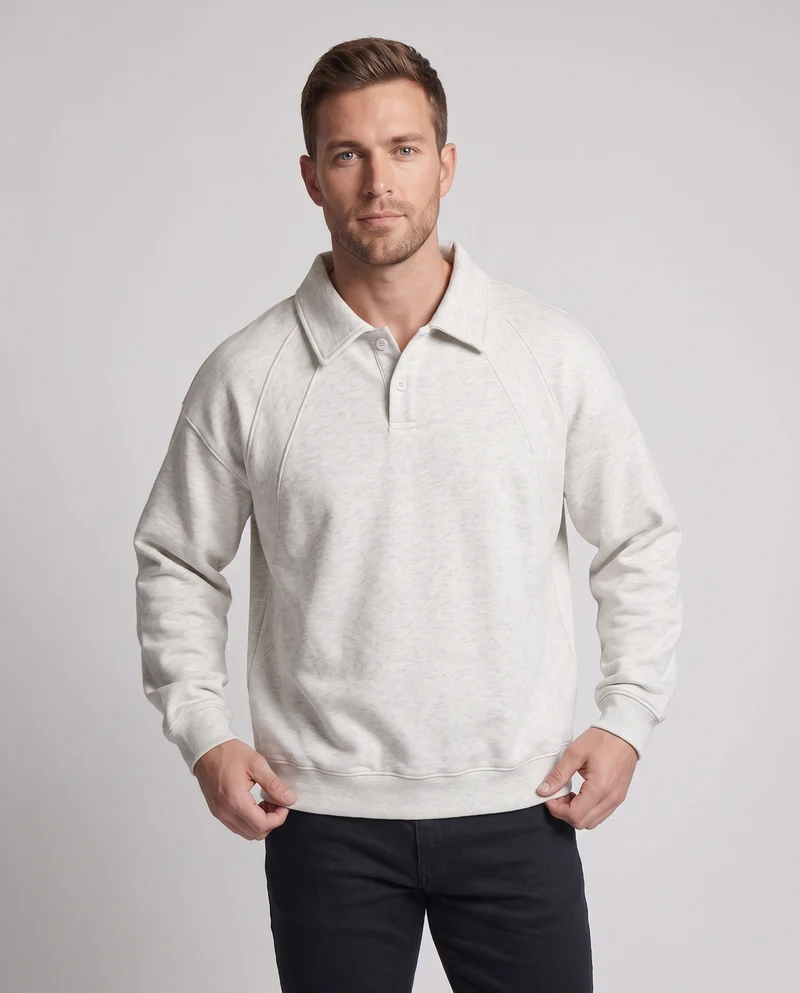 Unisex Oversize-Poloshirt-Sweatshirt mit Kentkragen, Raglanärmeln & geripptem Saum