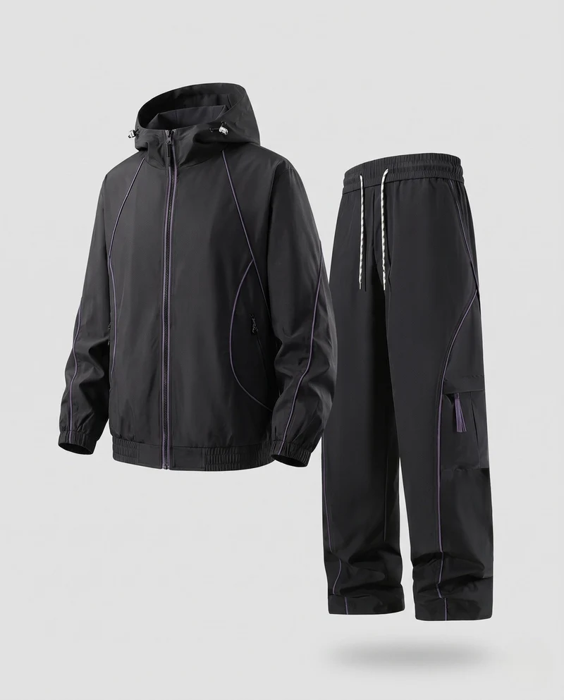 Herren Leichte Windbreaker Trainingsanzug mit Kapuzen-Reißverschlussjacke & Cargo Jogginghosen Nord Taschen