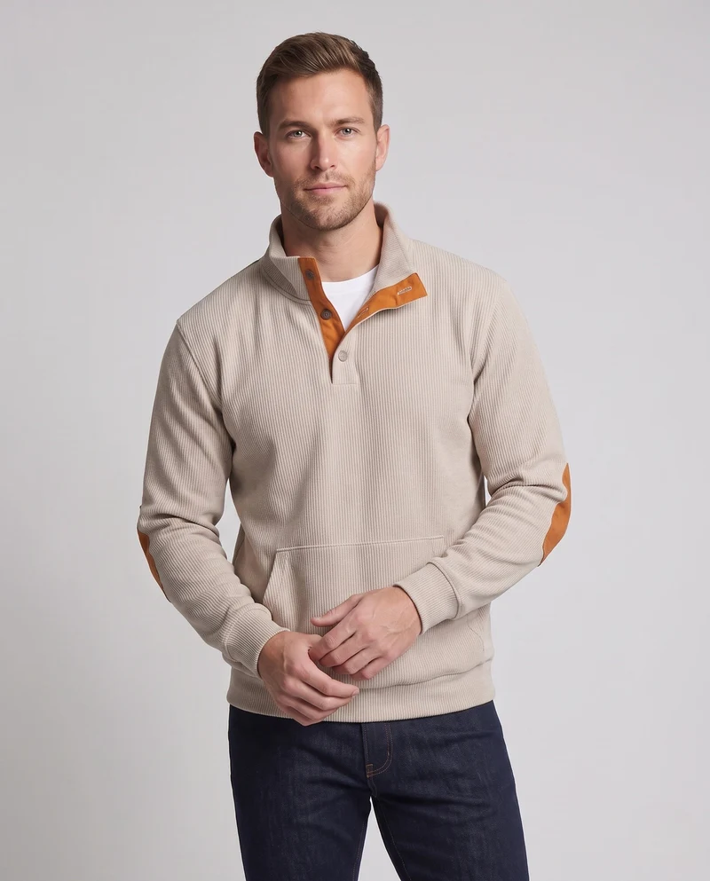 Männlicher Cordpullover mit Stehkragen, Henley-Knopfleiste und Ellbogenpatches Nord Taschen