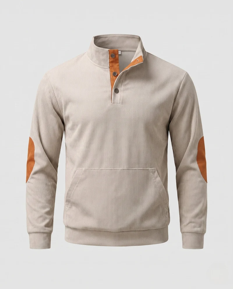 Männlicher Cordpullover mit Stehkragen, Henley-Knopfleiste und Ellbogenpatches Nord Taschen