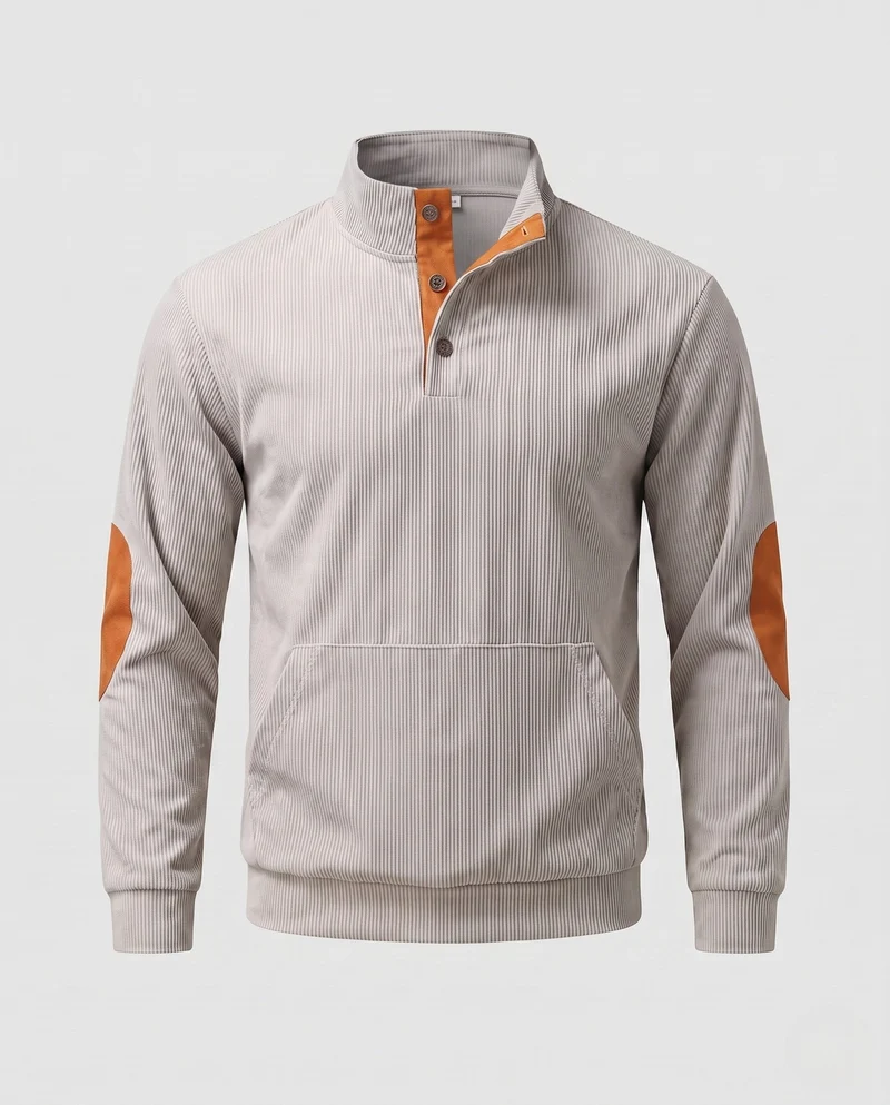 Männlicher Cordpullover mit Stehkragen, Henley-Knopfleiste und Ellbogenpatches Nord Taschen