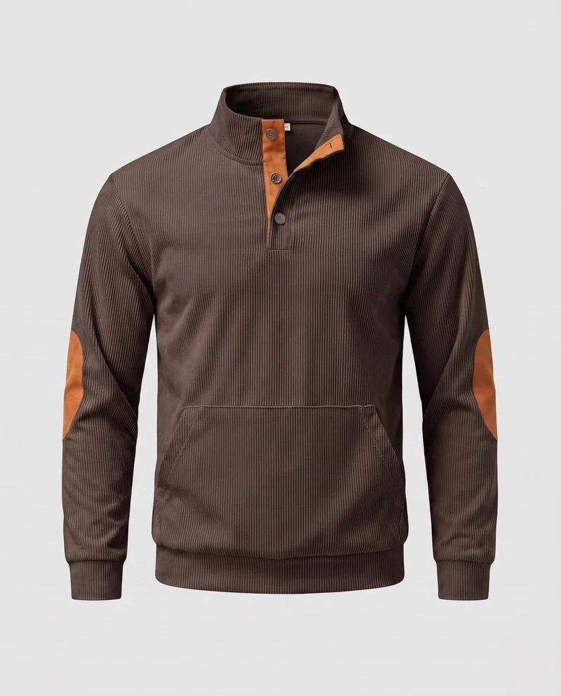 Männlicher Cordpullover mit Stehkragen, Henley-Knopfleiste und Ellbogenpatches Nord Taschen