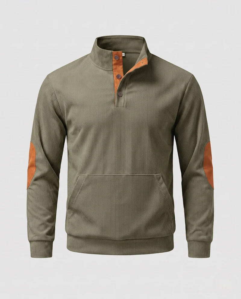 Männlicher Cordpullover mit Stehkragen, Henley-Knopfleiste und Ellbogenpatches Nord Taschen