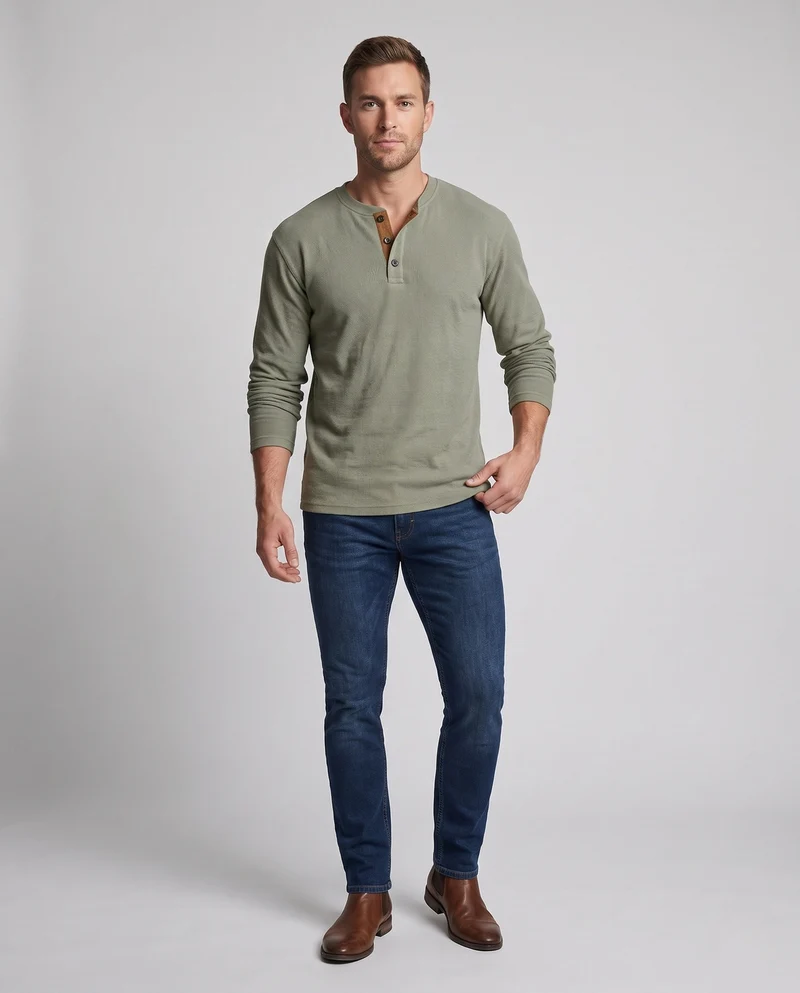Männer Casual Waffel Henley mit Wildlederdetails am Schlitzhals Nord Taschen
