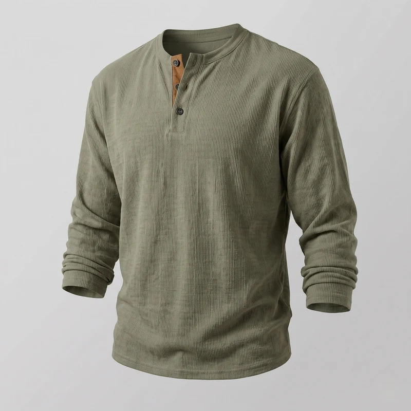 Männer Casual Waffel Henley mit Wildlederdetails am Schlitzhals Nord Taschen