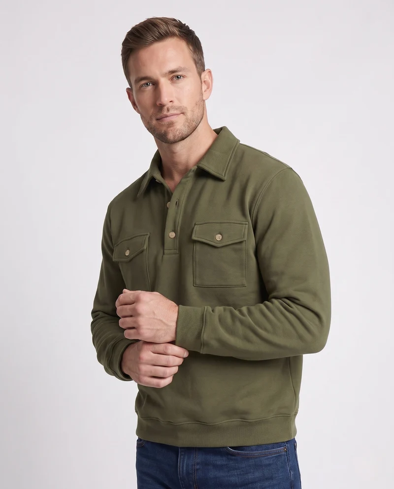 Herren Baumwollfleece-Pullover mit Hemdkragen und aufgesetzten Brusttaschen Nord Taschen