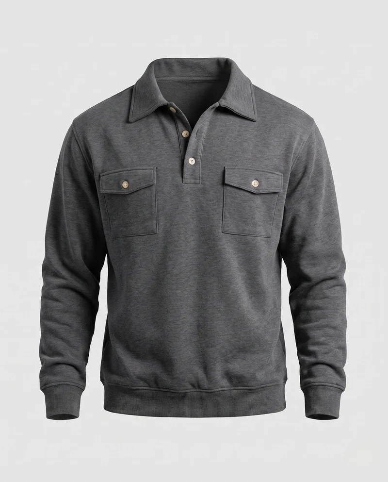 Herren Baumwollfleece-Pullover mit Hemdkragen und aufgesetzten Brusttaschen Nord Taschen