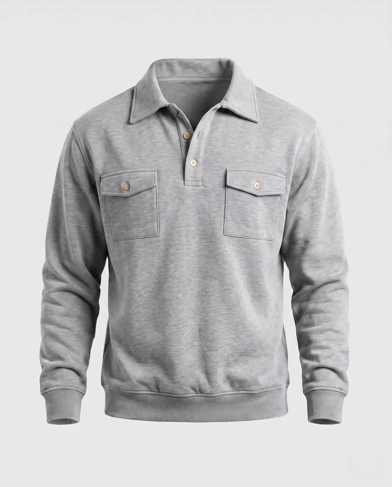 Herren Baumwollfleece-Pullover mit Hemdkragen und aufgesetzten Brusttaschen Nord Taschen