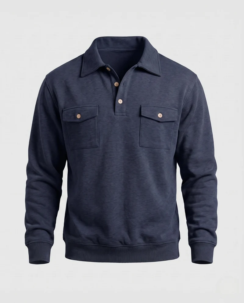 Herren Baumwollfleece-Pullover mit Hemdkragen und aufgesetzten Brusttaschen Nord Taschen