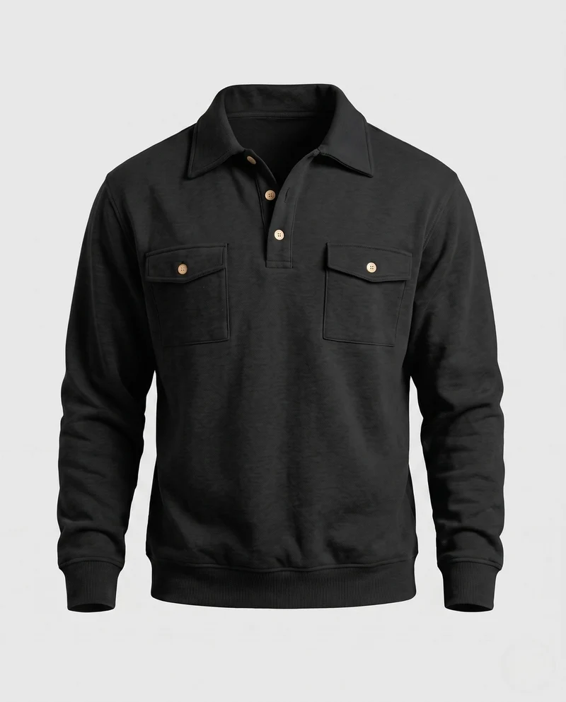 Herren Baumwollfleece-Pullover mit Hemdkragen und aufgesetzten Brusttaschen Nord Taschen