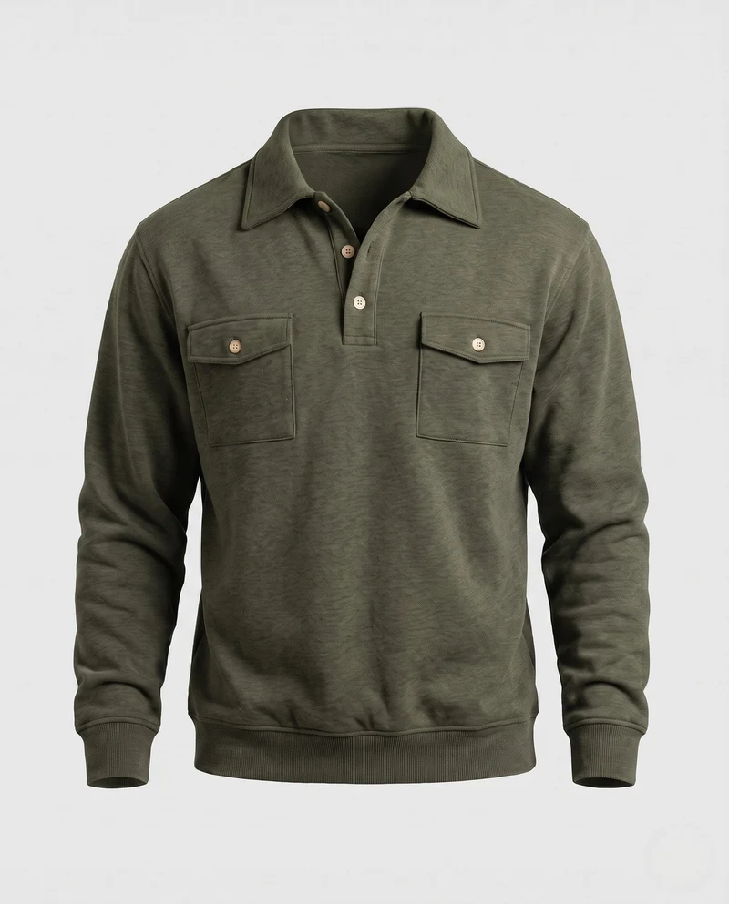 Herren Baumwollfleece-Pullover mit Hemdkragen und aufgesetzten Brusttaschen Nord Taschen
