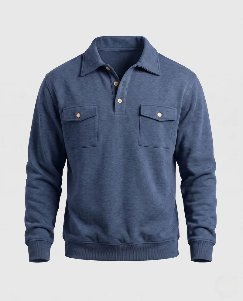 Herren Baumwollfleece-Pullover mit Hemdkragen und aufgesetzten Brusttaschen Nord Taschen