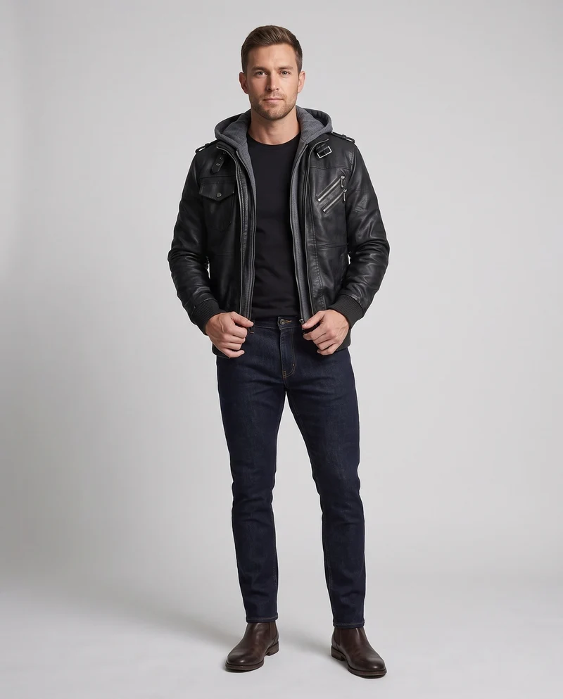 Herren Lässige Lederjacke mit Kapuze Nord Taschen