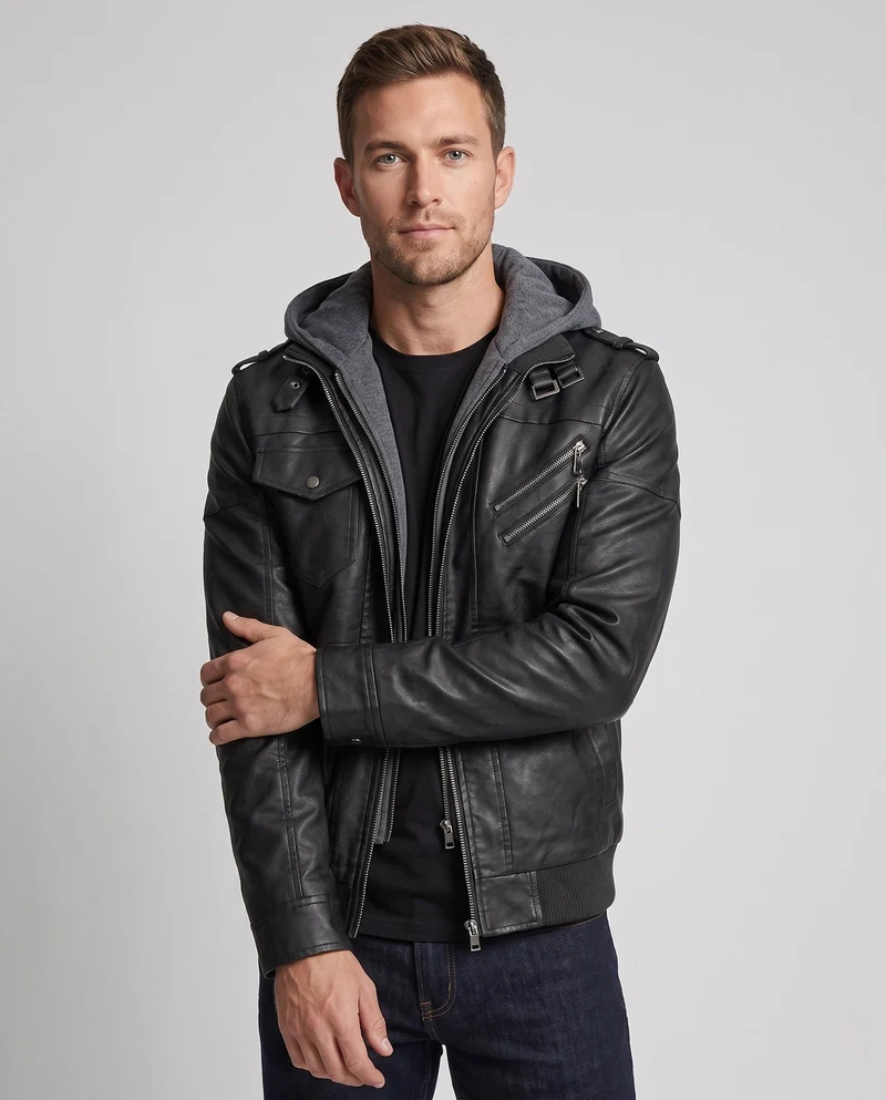 Herren Lässige Lederjacke mit Kapuze Nord Taschen