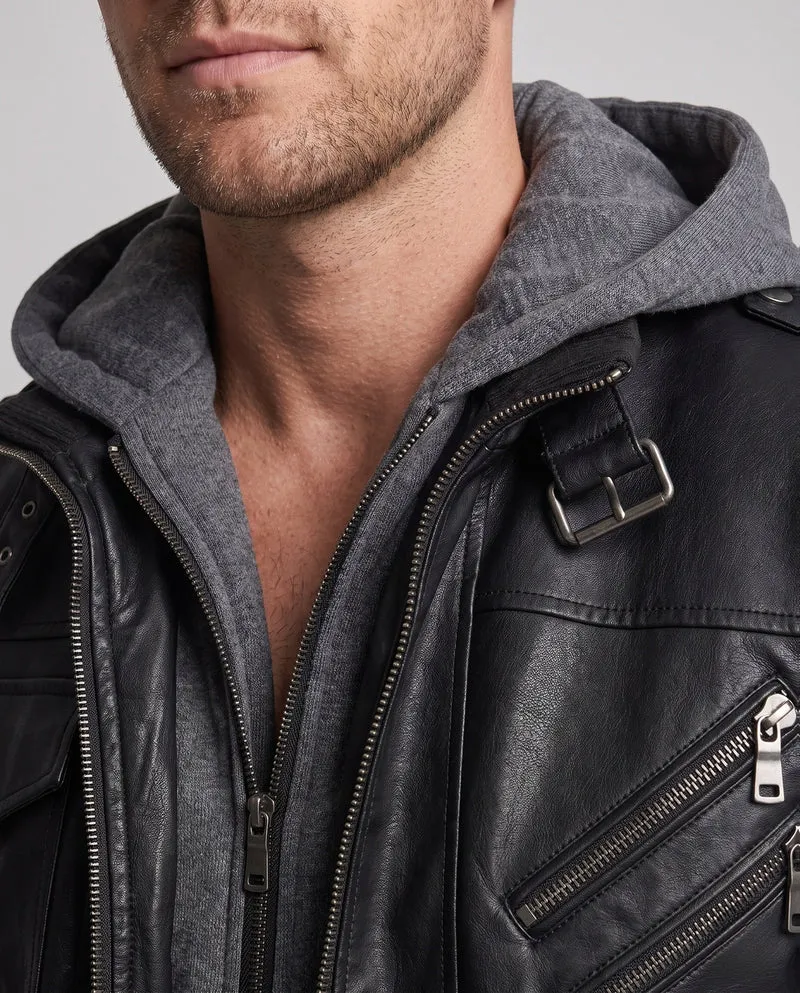 Herren Lässige Lederjacke mit Kapuze Nord Taschen