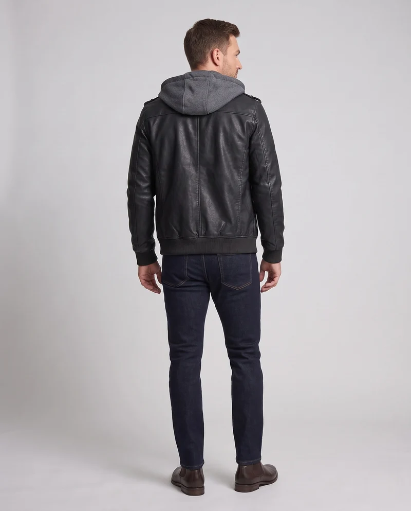 Herren Lässige Lederjacke mit Kapuze Nord Taschen