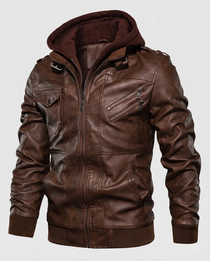 Herren Lässige Lederjacke mit Kapuze Nord Taschen