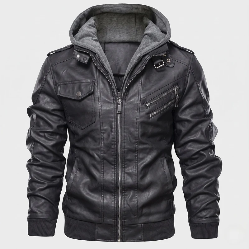Herren Lässige Lederjacke mit Kapuze Nord Taschen