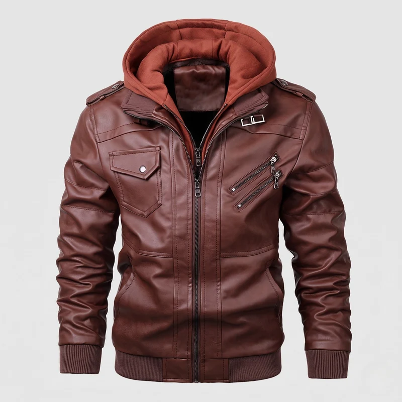 Herren Lässige Lederjacke mit Kapuze Nord Taschen