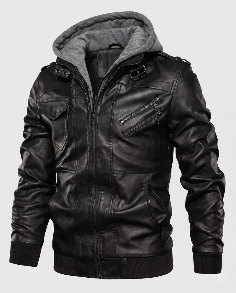 Herren Lässige Lederjacke mit Kapuze Nord Taschen