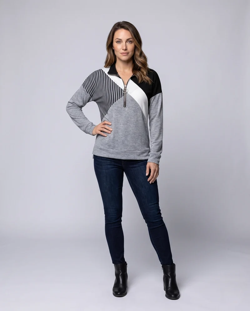 Damen Sweatshirt mit Sternenmuster und halbem Metallreißverschluss Nord Taschen