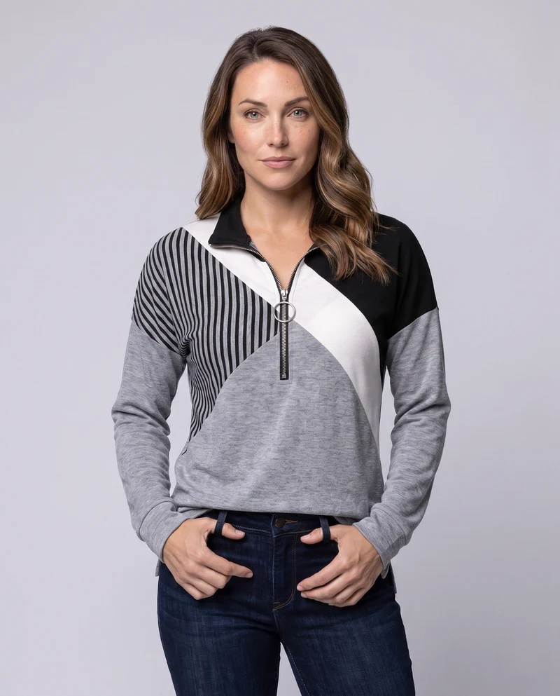 Damen Sweatshirt mit Sternenmuster und halbem Metallreißverschluss Nord Taschen