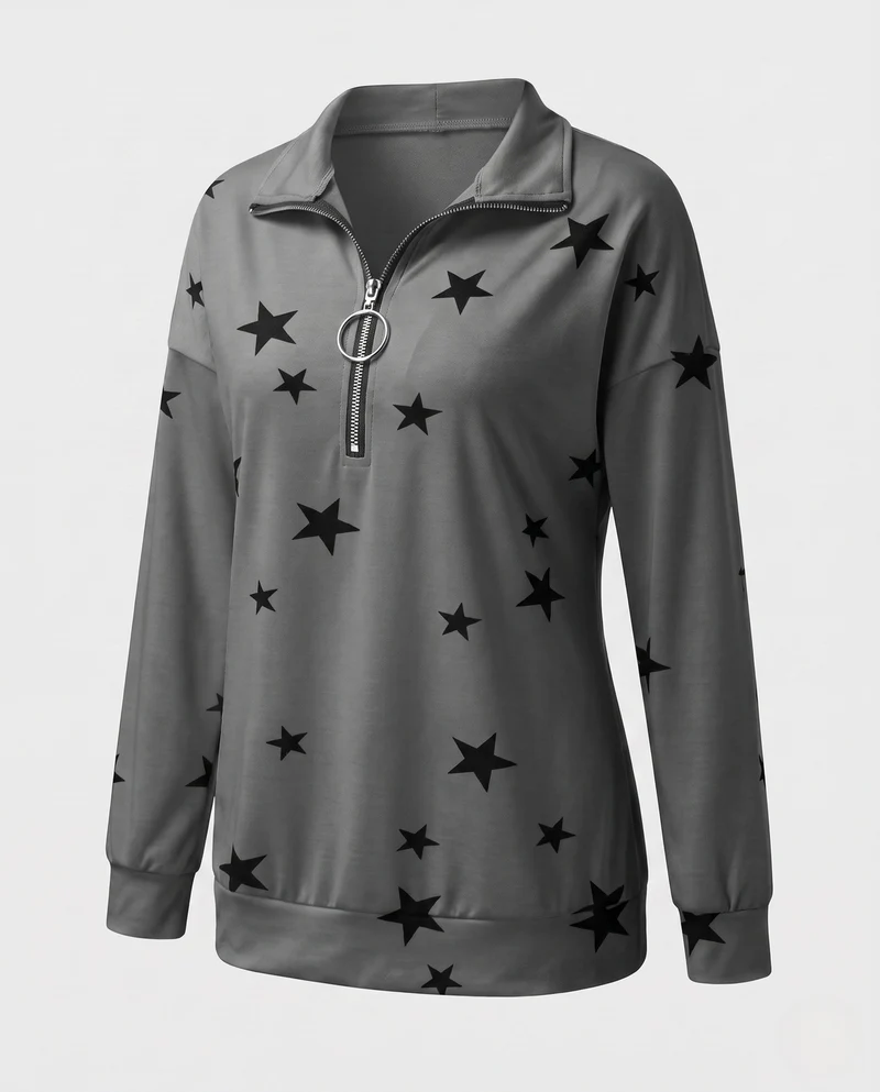 Damen Sweatshirt mit Sternenmuster und halbem Metallreißverschluss Nord Taschen