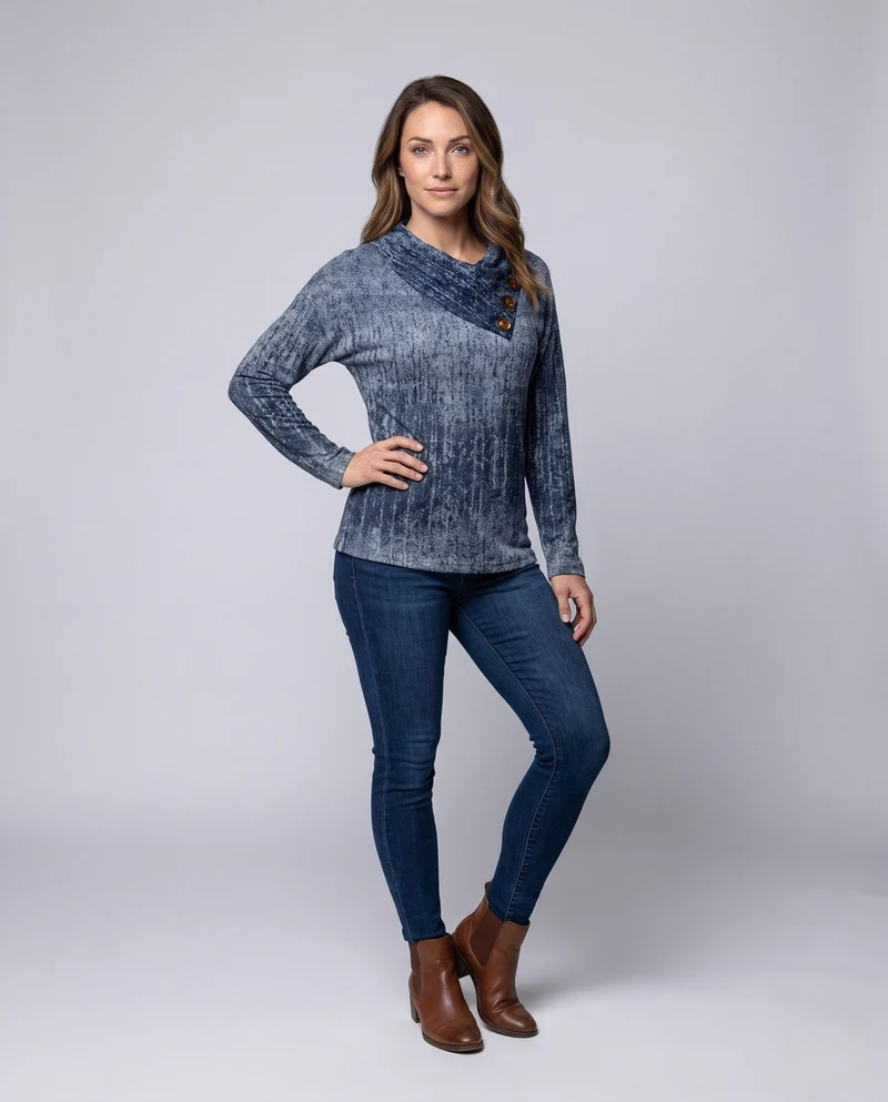 Damen Strukturierte V-Ausschnitt Langarmshirt mit Asymmetrischer Knopfleiste Nord Taschen