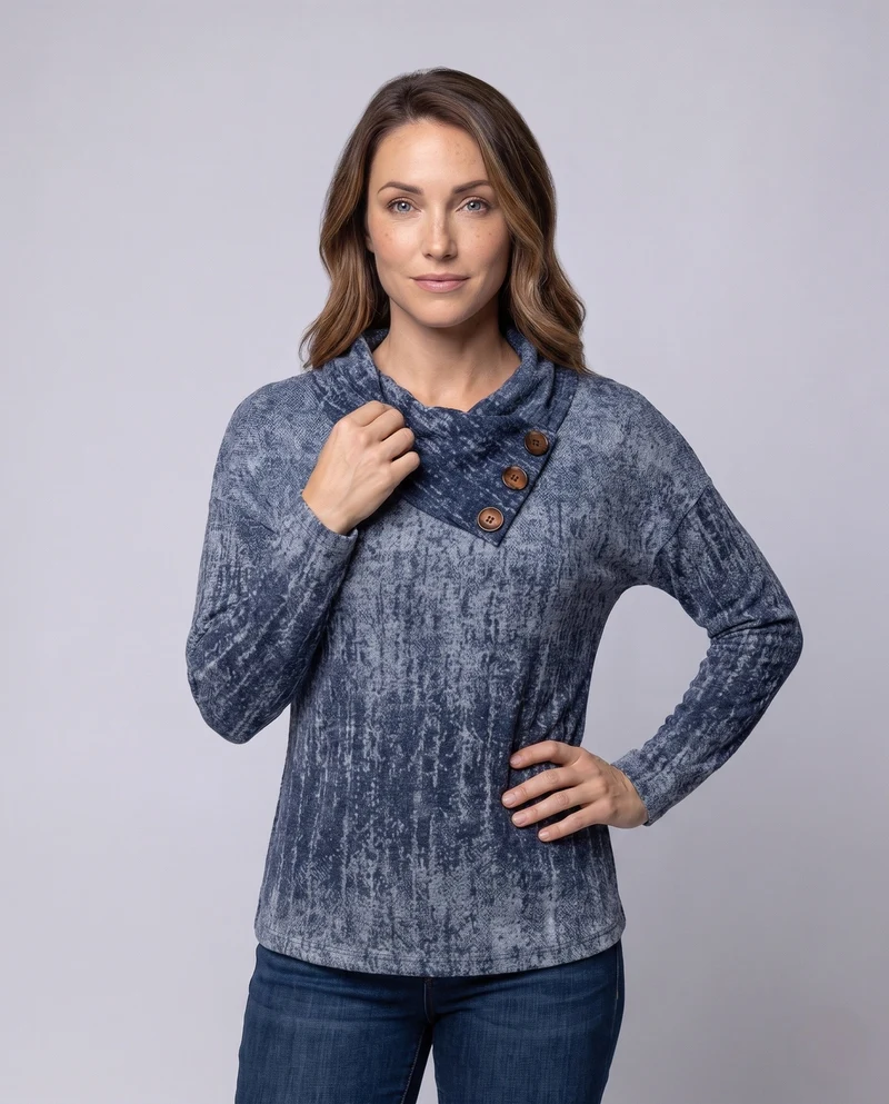 Damen Strukturierte V-Ausschnitt Langarmshirt mit Asymmetrischer Knopfleiste Nord Taschen