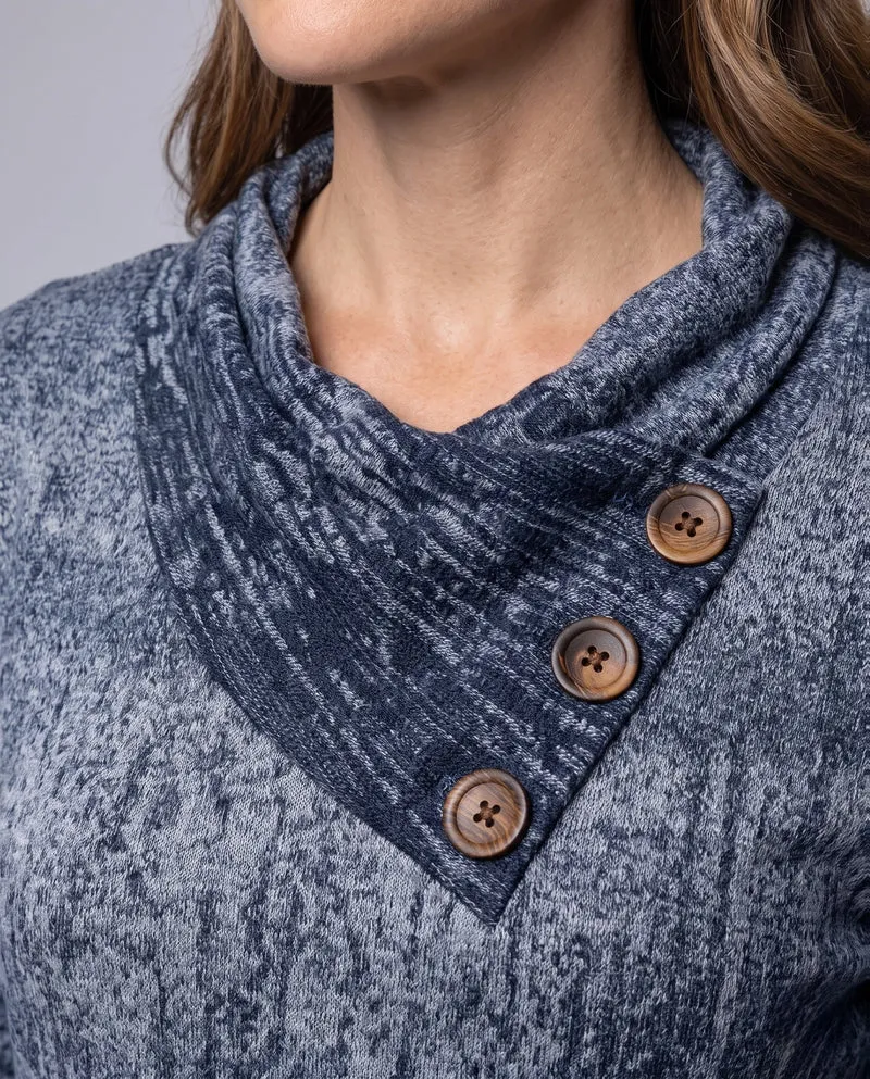 Damen Strukturierte V-Ausschnitt Langarmshirt mit Asymmetrischer Knopfleiste Nord Taschen