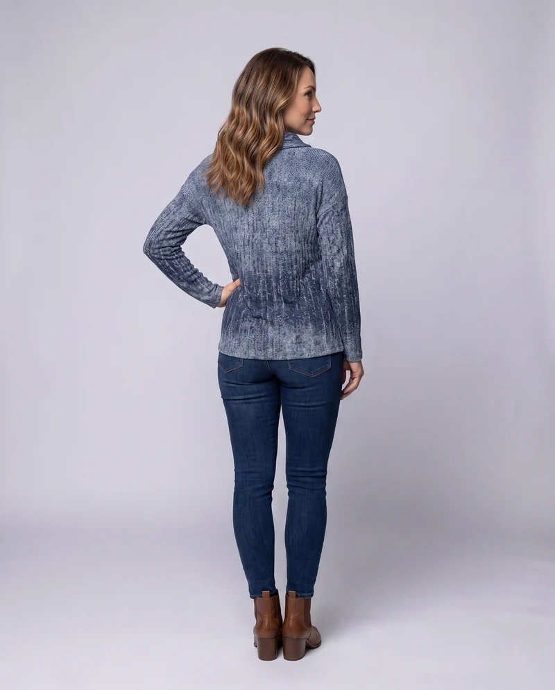 Damen Strukturierte V-Ausschnitt Langarmshirt mit Asymmetrischer Knopfleiste Nord Taschen