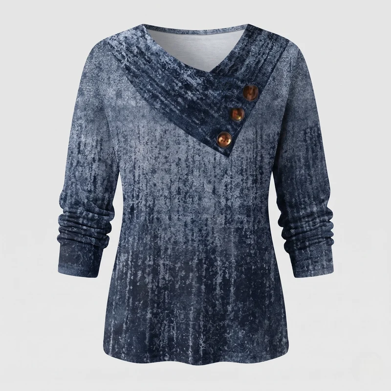 Damen Strukturierte V-Ausschnitt Langarmshirt mit Asymmetrischer Knopfleiste Nord Taschen